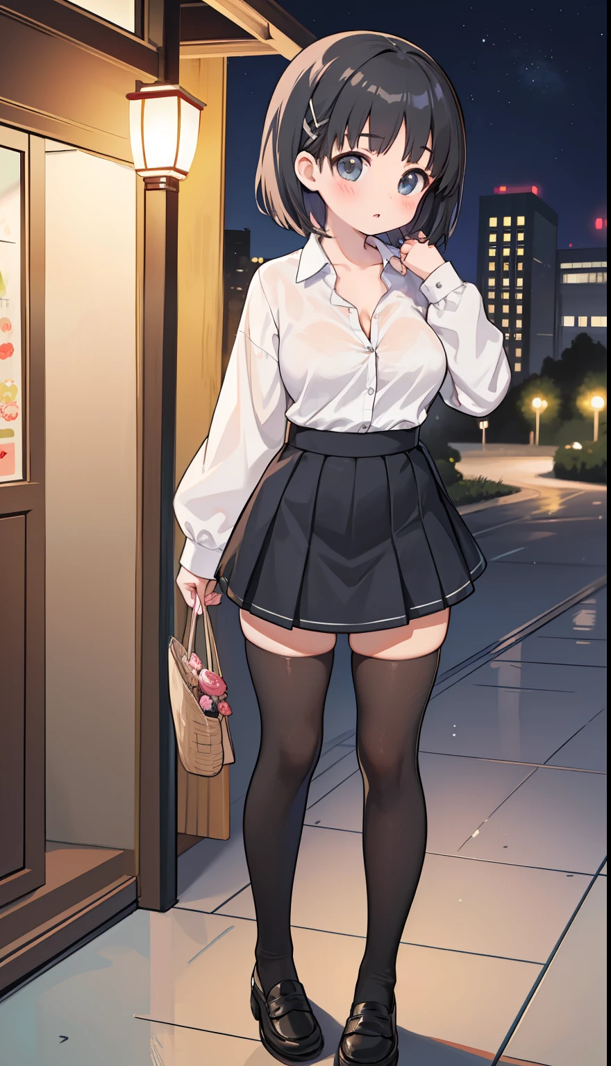One Girl、positive、Standing posture、Full body portrait、Black Hair、Medium Haircut、blush、Absolute area、Black knee-high socks、Knee-length、stockings、Black Pantyhose、White underwear、、mini skirt、Japanese high school students、Summer clothes、Night entertainment district、night、(Very large breasts)、Cleavage、Unbutton your shirt、((Lesbians around the world))、masterpiece、(highest quality)、
Panties around the ankles、Black Loafers、Shirt buttons fly off、Unbutton your shirt、Bare your breasts、Exposing the breasts、Nipples are visible、Cleavage、Height 155 cm
