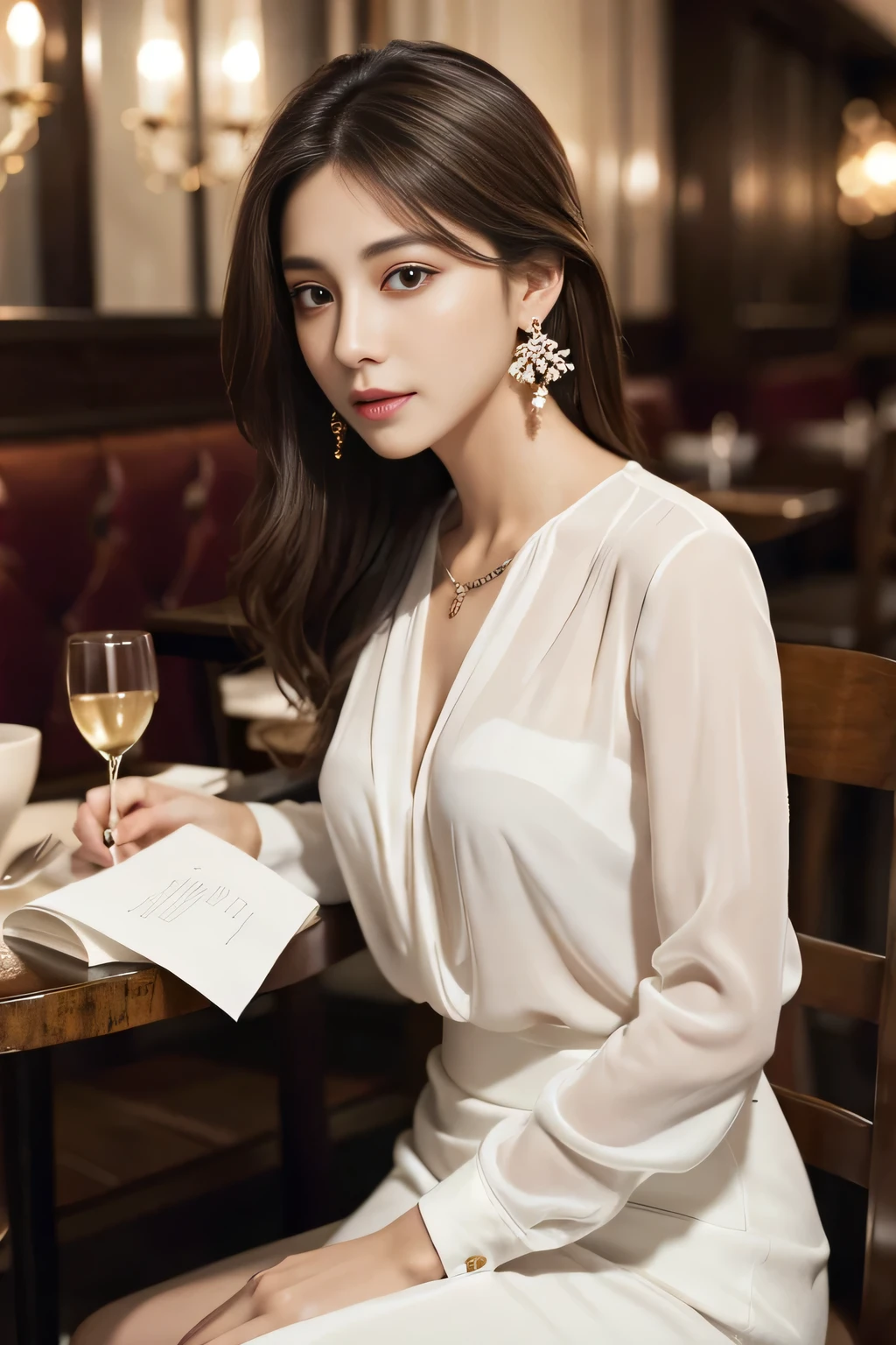masterpiece, highest quality, Realistic, Very detailed, Finer details, High resolution, 8k wallpaper, One beautiful woman, Wear an elegant white see-through blouse, In a great restaurant, At night, Light brown messy hair, Perfect dynamic composition, Beautiful and beautiful eyes、Big earrings、Sitting in a chair、