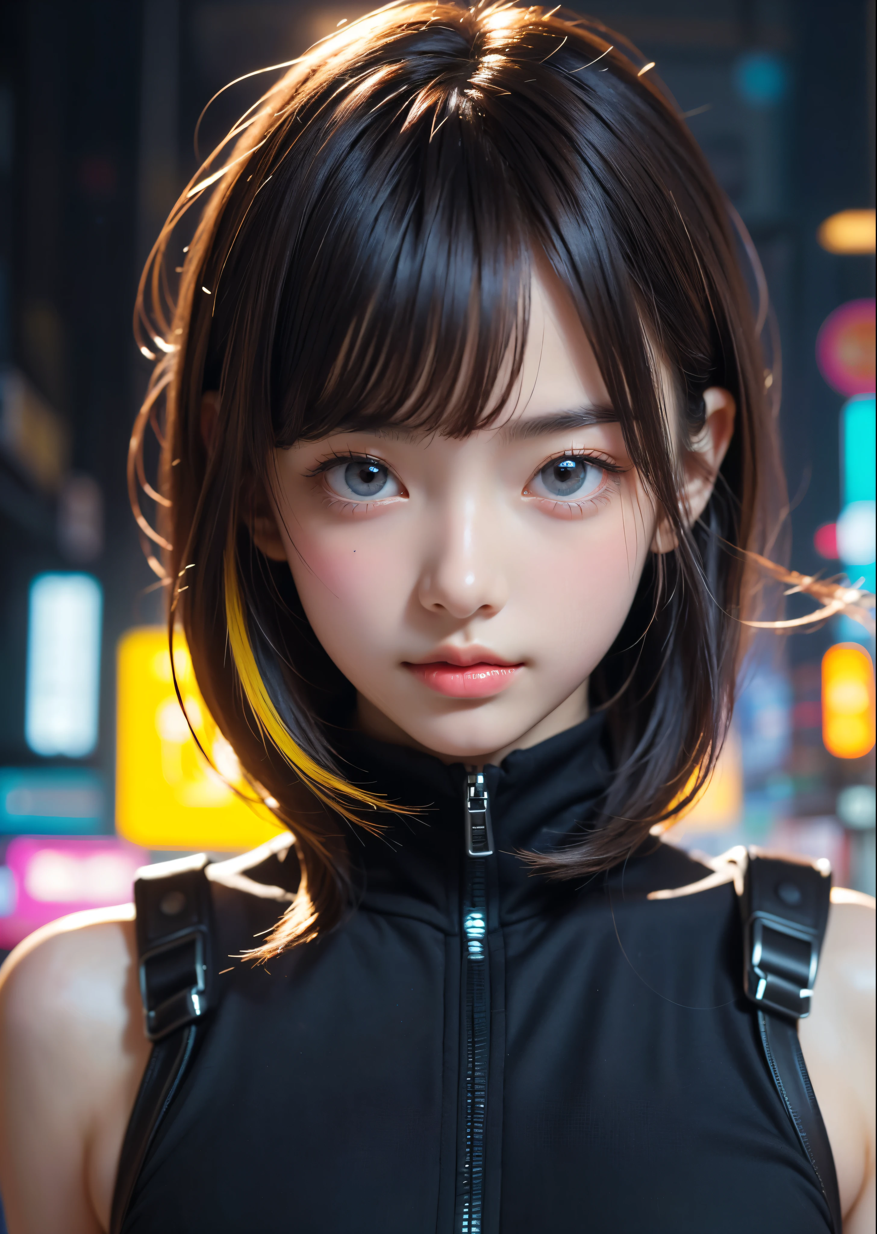 (masterpiece, highest quality, highest quality, Official Art, beautifully、aesthetic:1.2)、Portrait Photography、 (Cyberpunk fashion beautiful girl 1 person)、Big iridescent eyes、Beautiful skin、Expressionlesoderate breast size、(Pink and blue long hair with bangs)、Very detailed,(Neon colored fractal art:1.3)、Perfect lighting、Sharp focus、High resolution、High resolution、High color rendering、High resolution、Super realistic、