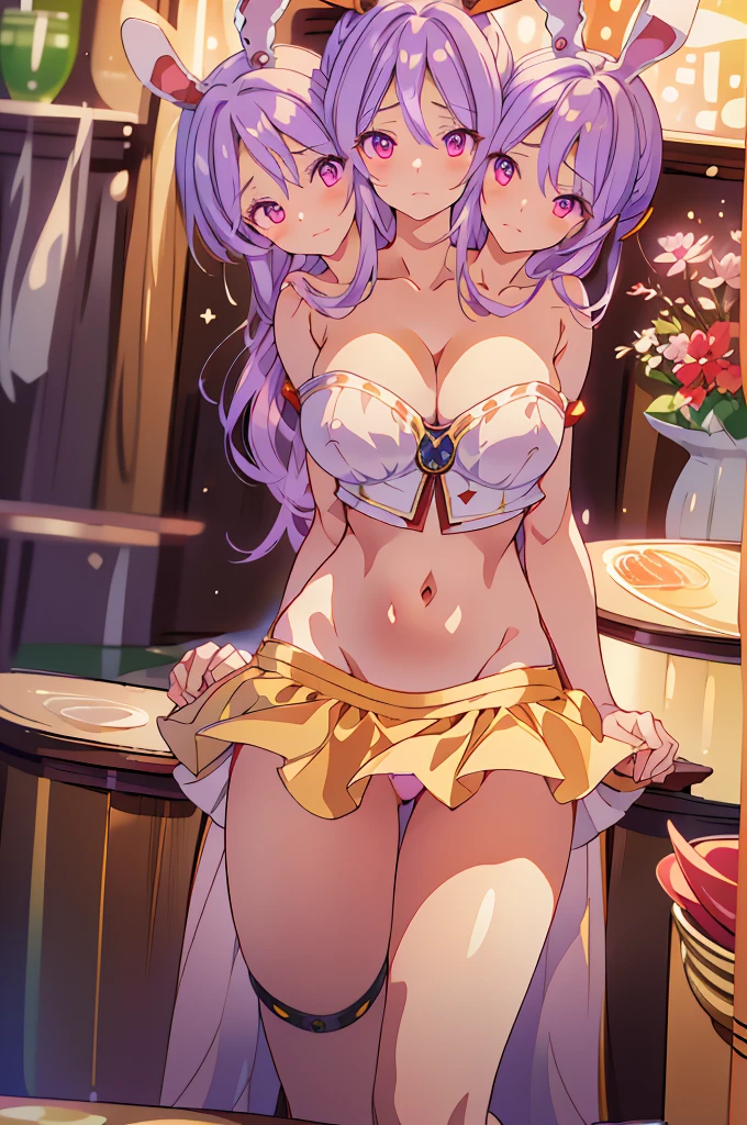 (masterpiece, best quality), best quality, (ultra-detailed), (3heads:1.5), 1girl, (reisen udongein inaba :1.3), masterpiece, best quality, ultra quality, ultra resolution, ultra detail, white top, crop top, ((stomach)), midriff, ((groin)), purple skirt, normal ears, shackles, purple hair, very long hair, wavy hair, sidelocks, red eyes, parted lips, very detailed eyes sweat, cute, toned belly, hand on own chest, eyelashes, (25 year old woman:1.3), (masterpiece:1.5), (best quality:1.5), (beautiful detailed), extremely detailed CG, extremely delicate and beautiful, depth of field, (finely detailed face), (perfect details:1.3), (mature female:1.3), wide pelvis, slender, large veiny breast, 16k resolution, highres, very high quality, high definition, extremely detailed, masterpiece, purple hair, long hair, alluring presence, braid, short skirt, close up, big tits, young, bunny ears,
