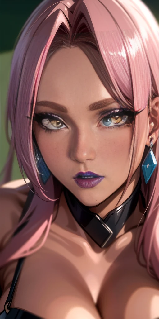 (masterpiece, high res, best quality:1.3) 8K, highly detailed, intricate, colorful, vibrant image, sharp focus, digital blending, 4K, trending on Pixiv Ingrid ((hell outfit)) solo, mature female, 30yo, MILF, curvy (dark skinned female:1.15) dark skin, posing, classroom (caring look:1.2) looking at viewer ((closeup shot, closeup face)) pink hair, very long hair, forehead, hair intakes, purple lipstick, makeup, mole under mouth, yellow eyes, perfect eyes, perfect face, ultra detailed hair, ultra detailed face, earrings, ultra detailed lips, ultra detailed lipstick