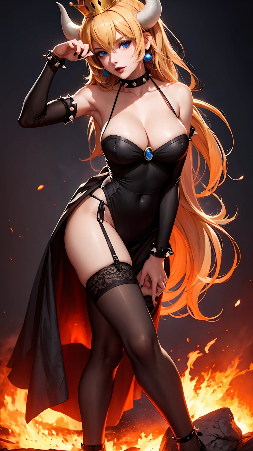 ((high detailed, best quality, 4k, masterpiece, hd:1.3)), ((best quality)), (((HD))), (((8k))), (ultraDH), (ultra HD), Princess Daisy, blue eyes, BREAK blue eyes, seductive, attractive, smooth anime cg art, 36C breasts, long legs, vivid colors, detailed digital art, slim body, perfect skin, dark blonde hair, long hair, blonde hair, blonde hair, BREAK crown, cleavage, 36C cleavage, looking at viewer, BREAK looking at viewer, extremely detailed face, red santa suit, red santa claus suit, santa claus suit, earrings, gem, dark black makeup lips, dark gothic eyeshadows, dark eyeshadows, black eyeshadows, black sexy lips, black lips, (dark:1.2), dark lips, very dark lips, (perfect hands, perfect anatomy), black makeup, black medium lips, black thick lips, detailed fingers, five fingers per hand, 5 fingers, (1 girl), detailed lips, detailed black lips, black painted lips, gothic painted lips, BREAK night, night sky, (breast focus), (arms outstreched:1.2), (from above:1.1), (breasts out:1.3), (off shoulder:1.1), (white horns), (lingerie), inside a lava castle, she inside a sea of lava, she bathing in lava, full body, perfect long legs, perfect foots, legs and foots into the lava,