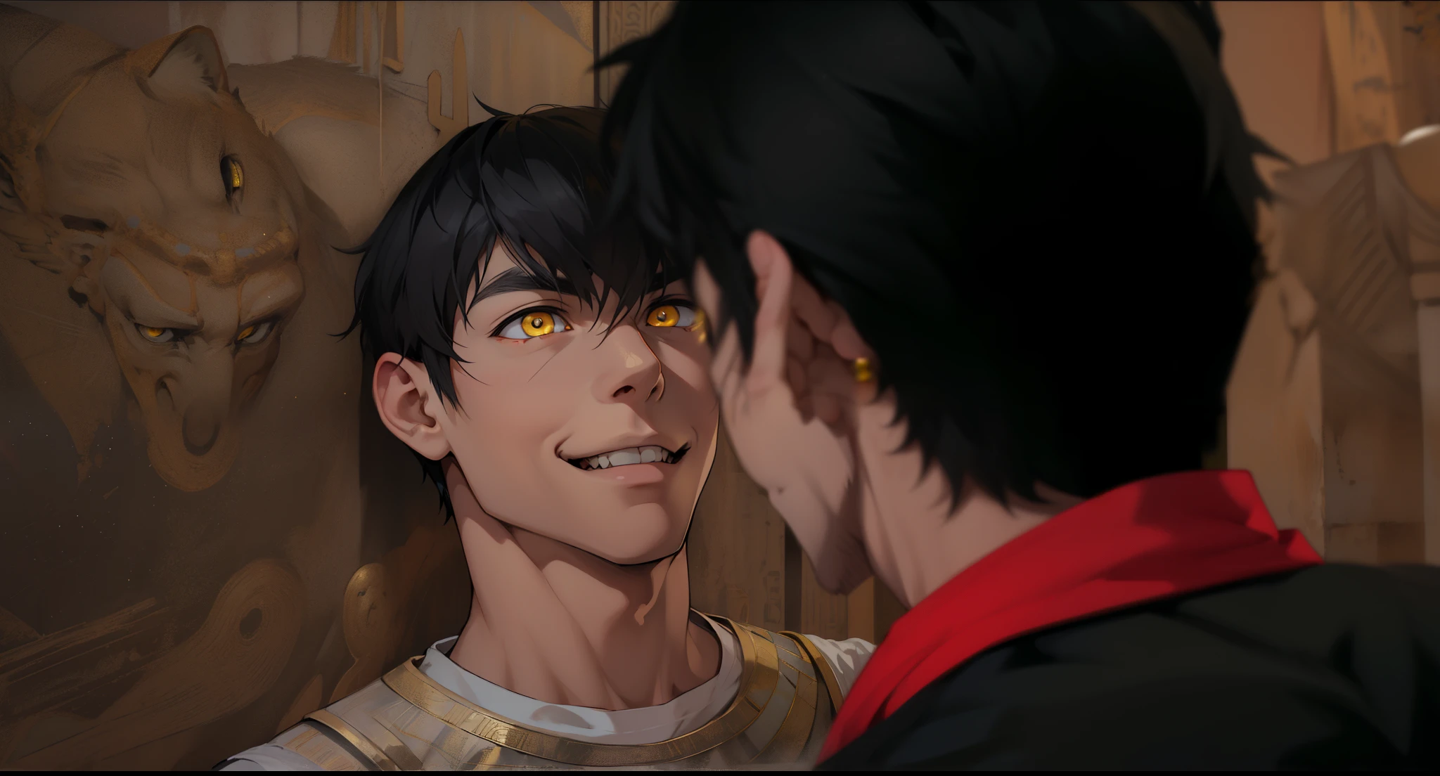 cute 18 year old boy yellow eyes white hair ancient egyptian clothing golden jewelry mischievous smile pocardia speaks with mockery irony yellow eyes white hair golden jewelry black and yellow egyptian clothes