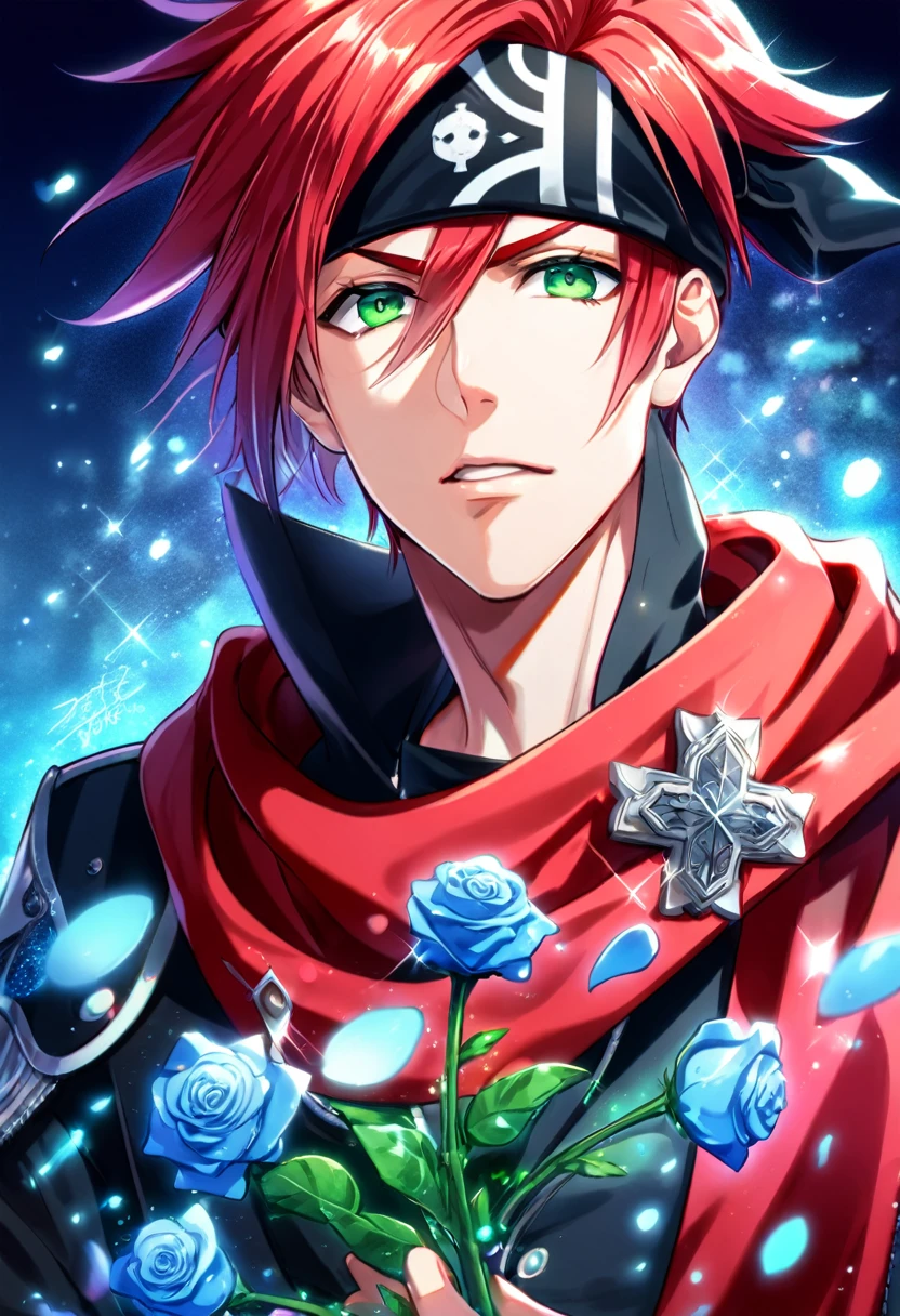 absurdres, highres, ultra detailed, HDR, master piece, best quality, Lavi, red hair, expressive green eyes, D.Gray-man, solo, sexy man, handsome, black headband, red scarf, black clothes, magical, fantasy, blue background, blue roses, shining, blue petals, blue glittering fireflies