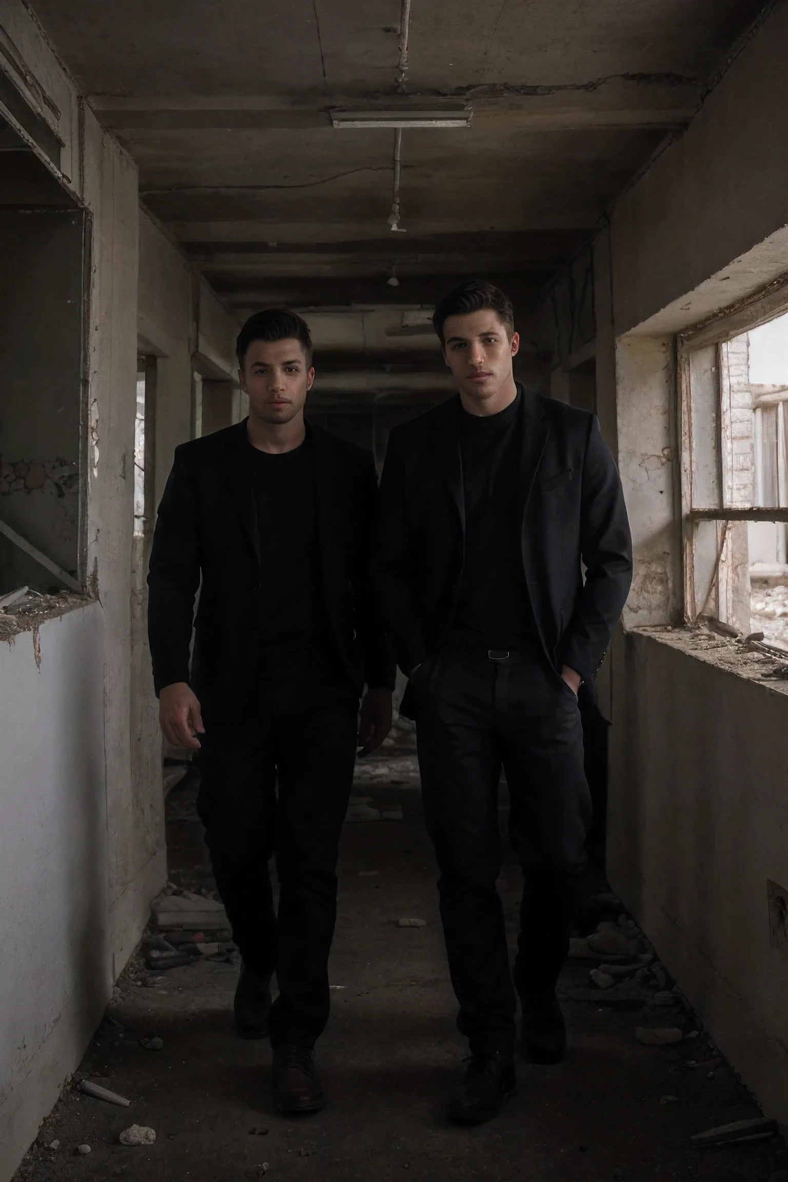 8k uhd, high quality , RAW photo, Professional Photography , handsome men , inside abandoned building