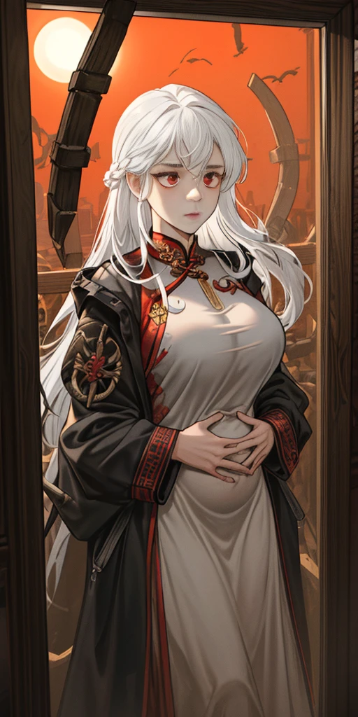 1female, White hair, Red eyes, (woman,Royal Sister_Shot:1.2), breasts focus, Long hair, side locks,Dangerous expressions,Extreme panic,Chest close-up front,After being violated ,Scared,(terrified:1.1) expression, Place one hand behind your back, Atmospheric lighting, Moody, Darkness, In an abandoned old museum, Clear glass display case full of interesting items, Dusty, Post-apocalypse, spiderwebs, masterful, Beautiful 8k wallpaper,Camel hooves ,Extremely detailed, Intricate,a warm color palette,Half naked chest,huge tit(D),plethora of colors,bright sun,Wear a gorgeous coat,Wear a cheongsam inside,Broken clothes,With a queen-like temperament,succubi,Beautiful young woman,Expose the belly