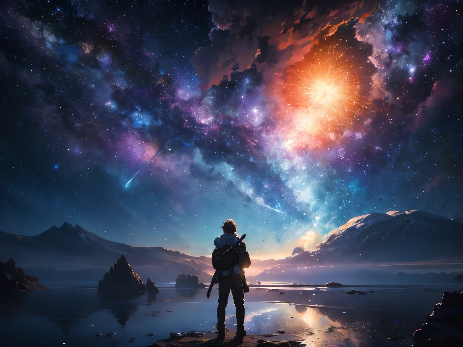 Draw a man and woman embracing each other, Standing on a floating research platform in the middle of an asteroid belt, Turn your back on the audience, From behind, Surrounded by several bright asteroids with fireproof auras、Dramatic lights from distant stars and planets illuminate the scene, Cast a deep shadow on the costume, Gaze with wonder and reverence at the vast and mysterious universe, Break, be familiar with, Realist, 4K High Definition Digital Art, Render octane number, Bioluminescent, BREAK 8K resolution concept art, realism, By Mappa Studio, masterpiece, Better Quality, Official Art, figure, Clear Line, (Fresco_col), Perfect composition, Absurd, Fantasy, Concentrated, Three-part method, explosion, can, Man and woman couple together