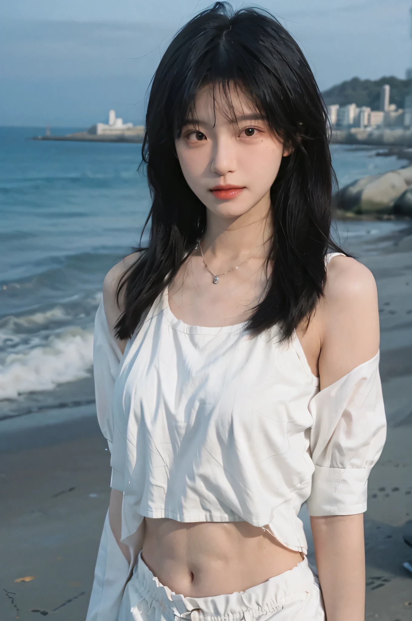 Best quality,Ultra-high resolution,(lifelike:1.4),Cute hairpin,2girll,Long curly hair,jk,Blush,Slim beauty:1.4,Visible abdominal muscles,on the beach,Ultra-fine face,Exquisite eyes,Double eyelids,necklace