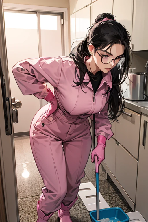 A mature woman with glasses and black hair tied up in a long-sleeved jumpsuit is putting on large pink rubber gloves and white rubber boots in front of the cleaning supplies cupboard in the bathroom