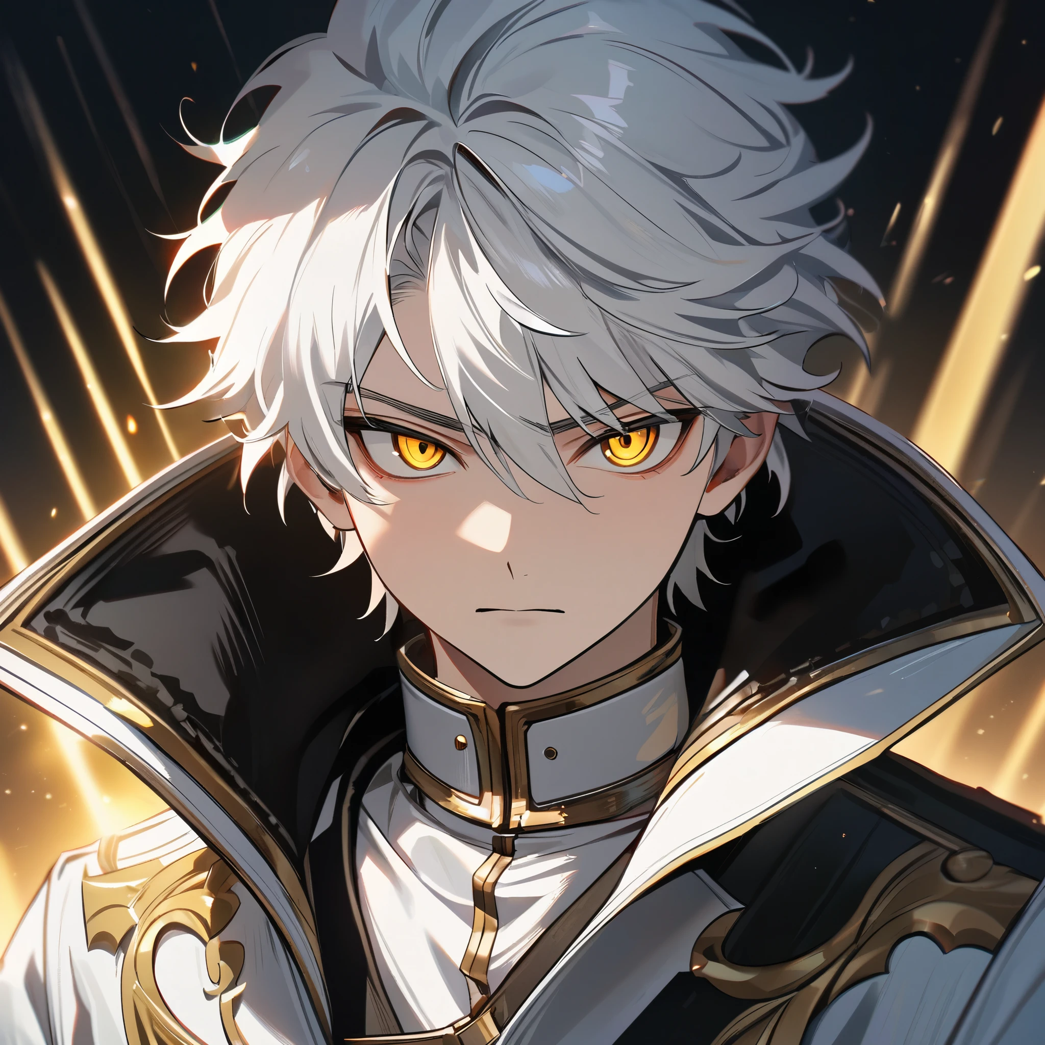 High quality, HD, 4k, handsome male, 1male, 17 years old, teenager, golden lining, short white hair, sharp eyes, gold eyes, devil may cry, close up, calm expression, stoic expression, black leather clothes, white leather clothing, upper body, looking at viewer, cowboy shot, white solar, shining background