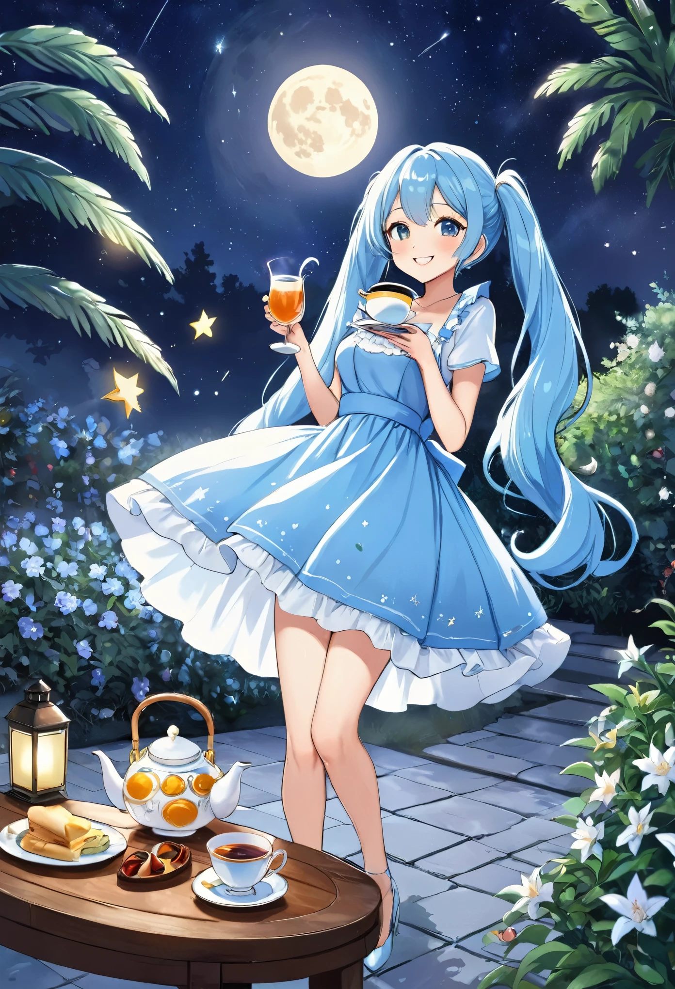 wonderful　garden　Wine Party　Light blue long hair　beautiful girl with twin tails　Half Dress　Bright smile　A lot of beautiful girls　Drinking tea　Delicious food　Just beautiful smiles　Moonlit Night　Big Moon　shooting star　milky way