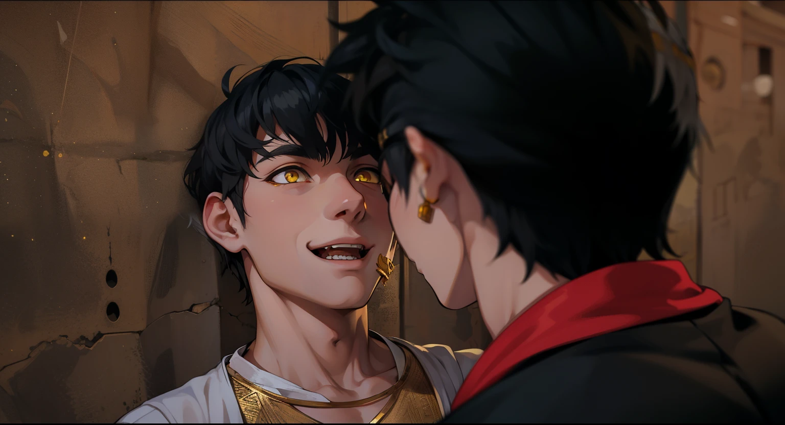 cute 18 year old boy yellow eyes white hair ancient egyptian clothing golden jewelry mischievous smile pocardia speaks with mockery irony yellow eyes white hair golden jewelry black and yellow egyptian clothes