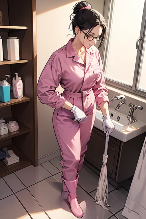 A mature woman with glasses and black hair tied up in a long-sleeved jumpsuit is putting on large pink rubber gloves and white rubber boots in front of the cleaning supplies cupboard in the bathroom