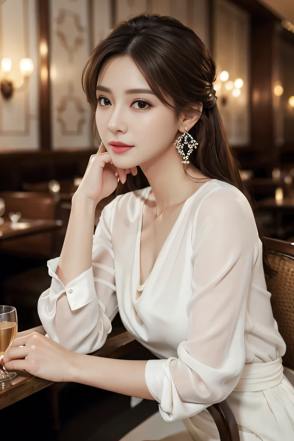 masterpiece, highest quality, Realistic, Very detailed, Finer details, High resolution, 8k wallpaper, One beautiful woman, Wear an elegant white see-through blouse, In a great restaurant, At night, Light brown messy hair, Perfect dynamic composition, Beautiful and beautiful eyes、Big earrings、Sitting in a chair、