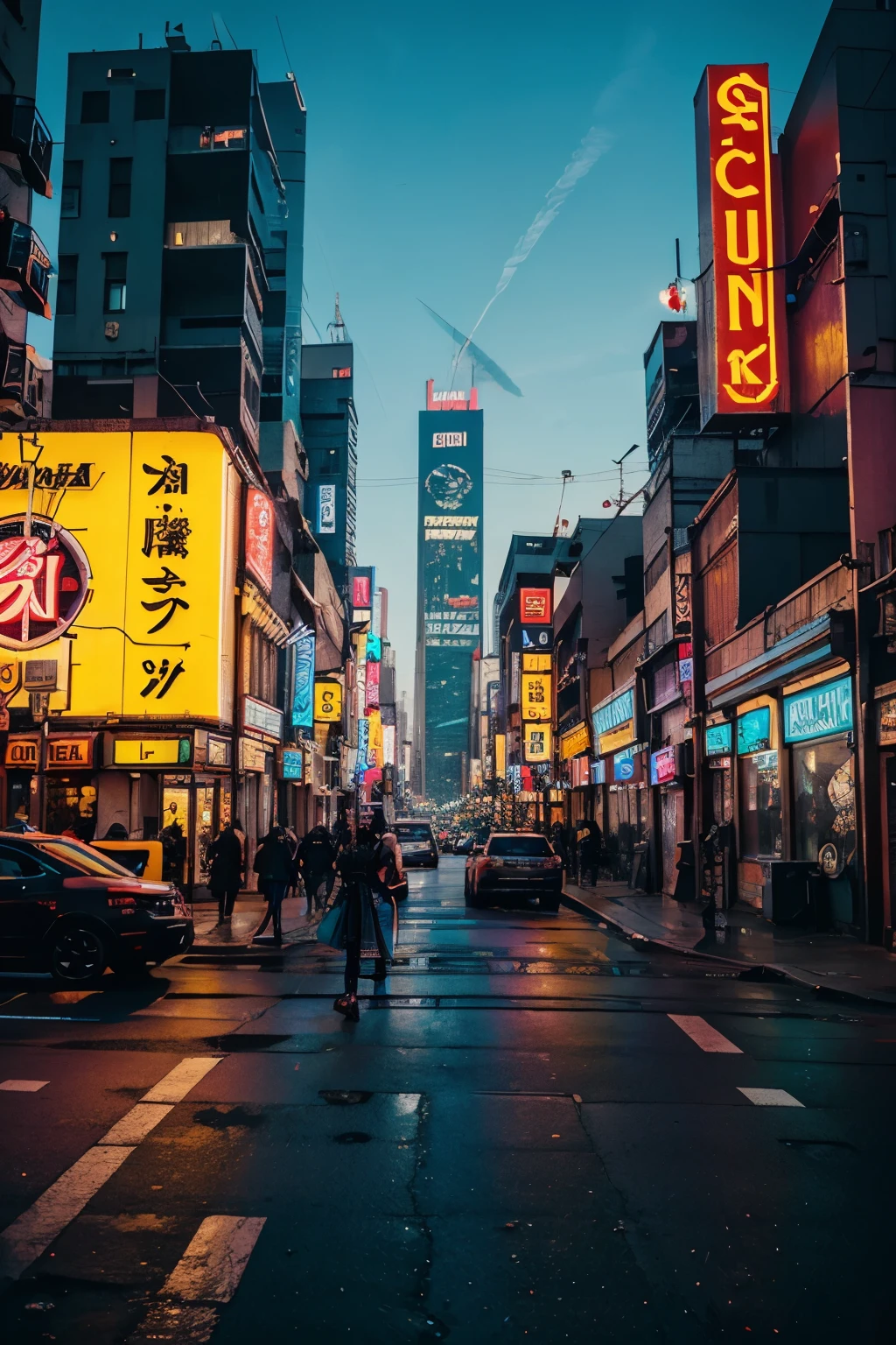 vibrant cyberpunk city view, colorful signs