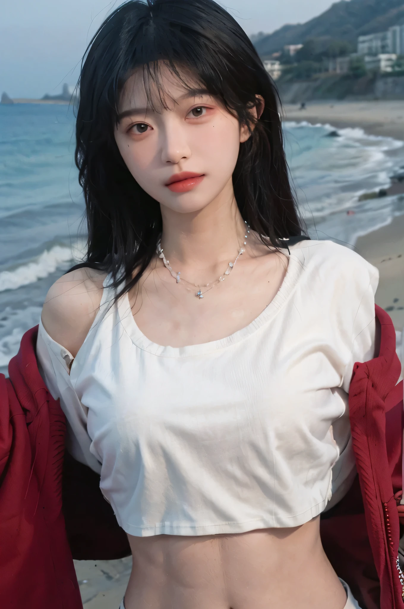Best quality,Ultra-high resolution,(lifelike:1.4),Cute hairpin,2girll,Long curly hair,jk,Blush,Slim beauty:1.4,Visible abdominal muscles,on the beach,Ultra-fine face,Exquisite eyes,Double eyelids,necklace