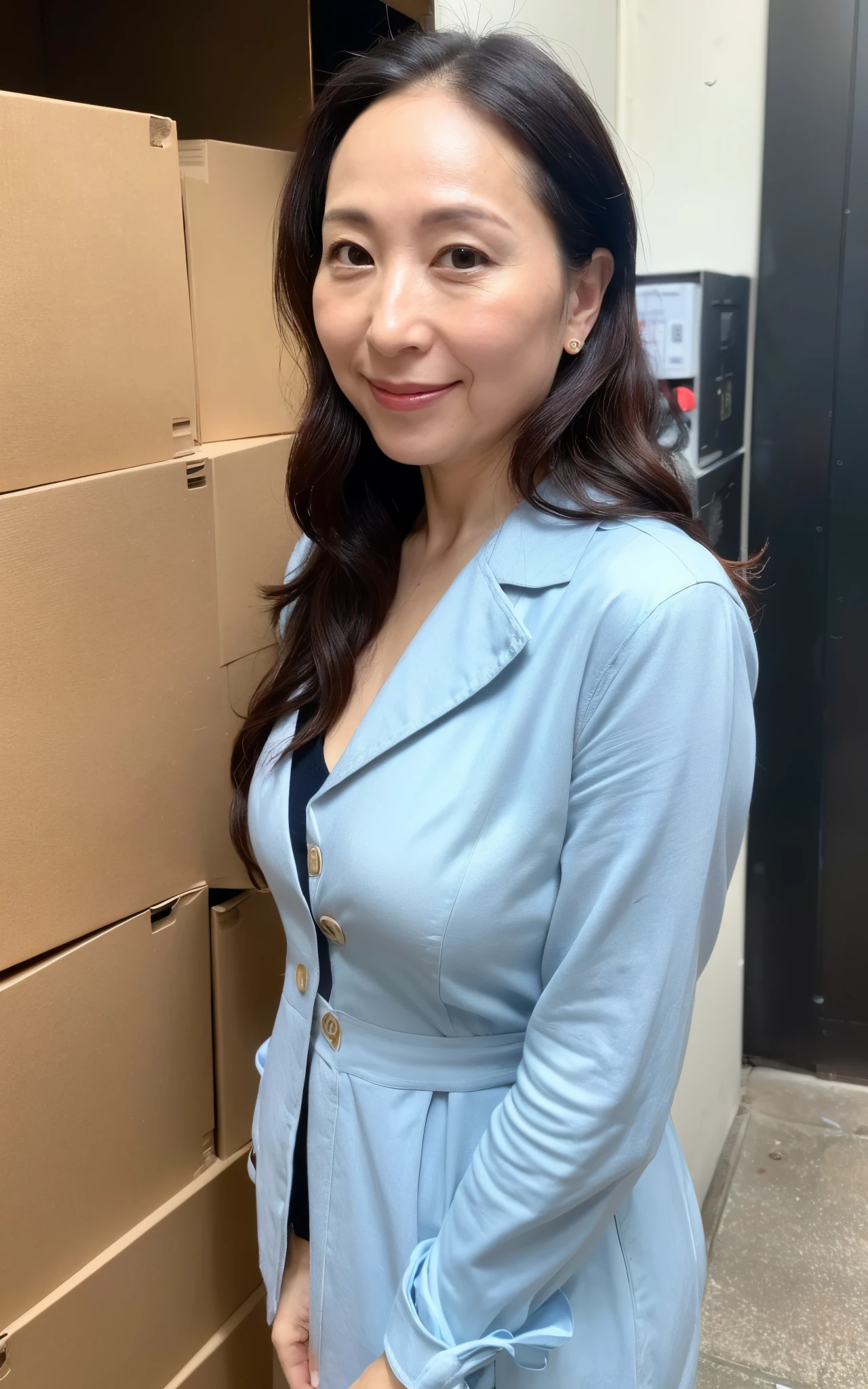 ((Best Quality, 8k, Masterpiece: 1.3)), Photorealistic, Sharp Focus, High Quality, High Definition, Portrait, Solo, Japan, Middle Aged Woman, Beauty, 43 years old, Plump, Wavy Hair, receptionist uniform, Wrinkles at the corners of the eyes:0.5, Narrow backyard, Lots of boxes, Lots of files, Dark background
