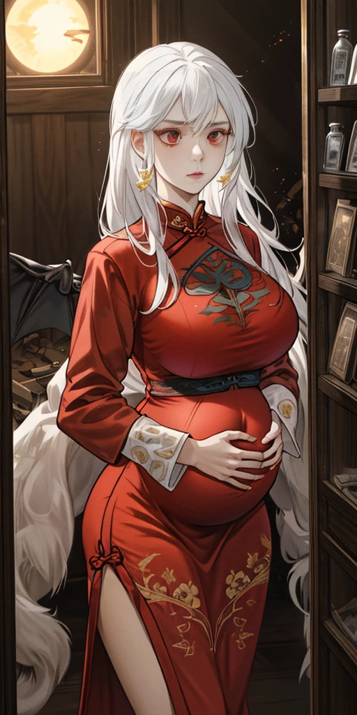 1female, White hair, Red eyes, (woman,Royal Sister_Shot:1.2), breasts focus, Long hair, side locks,Expressions of danger,Extreme panic,Chest close-up front,After being violated ,Scared,(terrified:1.1) expression, Place one hand behind your back, Atmospheric lighting, Moody, Darkness, In an abandoned old museum, Clear glass display case full of interesting items, Dusty, Post-apocalypse, spiderwebs, masterful, Beautiful 8k wallpaper,Camel hooves ,Extremely detailed, Intricate,a warm color palette,Half naked chest,huge tit(D) plethora of colors,bright sun,Wear a gorgeous coat,Wear a cheongsam inside,Broken clothes,With a queen-like temperament,succubus,Beautiful young woman, Expose the belly pregnant women