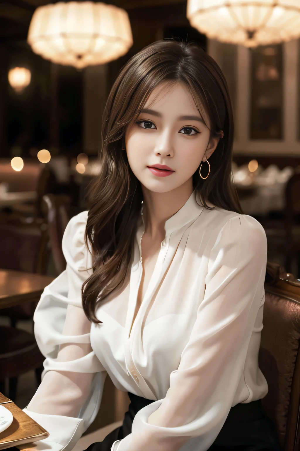masterpiece, highest quality, Realistic, Very detailed, Finer details, High resolution, 8k wallpaper, One beautiful woman, Wear an elegant white see-through blouse, In a great restaurant, At night, Light brown messy hair, Perfect dynamic composition, Beautiful and beautiful eyes、Big earrings、Sitting in a chair、
