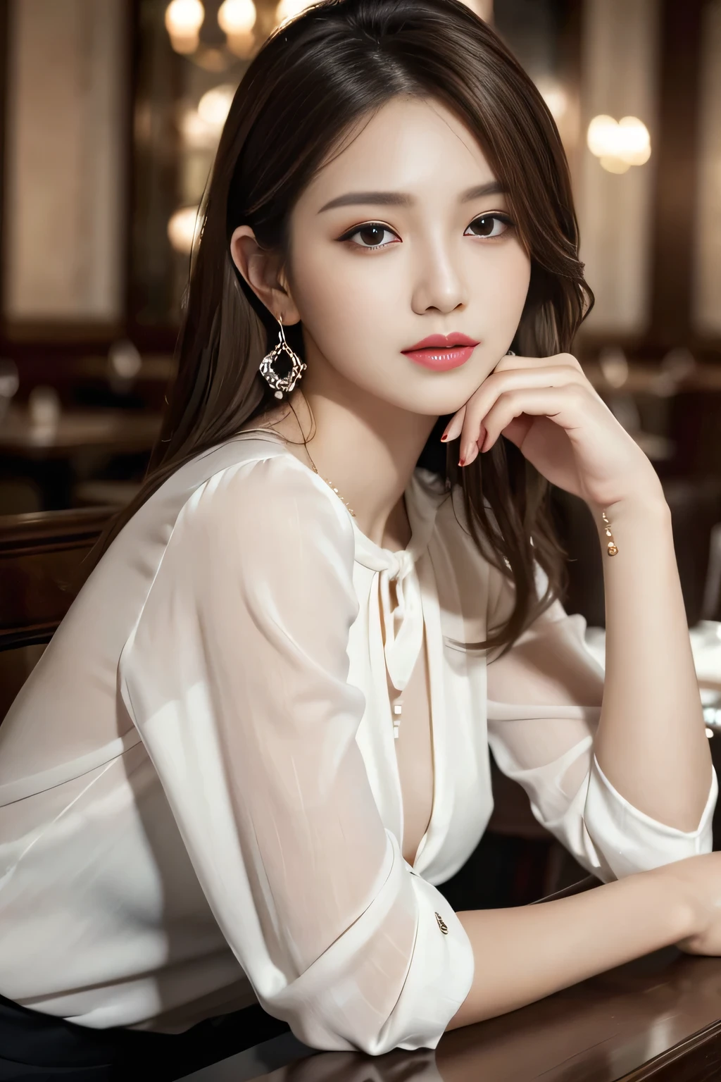 masterpiece, highest quality, Realistic, Very detailed, Finer details, High resolution, 8k wallpaper, One beautiful woman, Wear an elegant white see-through blouse, In a great restaurant, At night, Light brown messy hair, Perfect dynamic composition, Beautiful and beautiful eyes、Big earrings、Sitting in a chair、