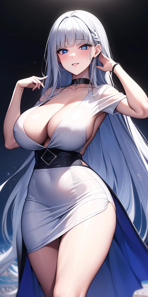 ((obra maestra)), ((mejor calidad)), (ultra detallado), ((extremadamente detallado)), 4k, (8K), mejor calidad, (Hermoso), estilo animado, mirar hacia arriba desde abajo, bar, noche, a pretty girl, 1 chica, solo, traje, Hermoso rainbow hair, Hermoso blue eyes, ((Hermoso eyes)), De piel blanca, pendientes, collar, sonrisa
