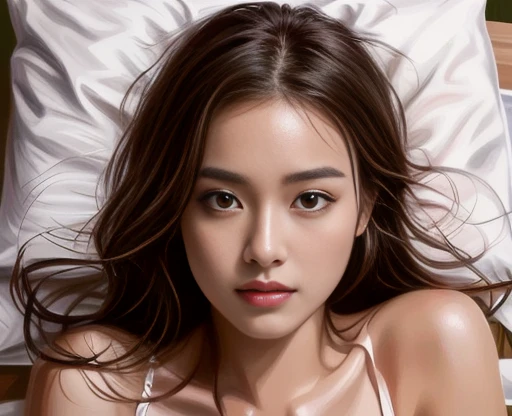 Angry woman lying on bed with white pillows, photorealistic digital painting, ultra realistic digital painting, hyperrealistic beautiful face, realistic digital painting, hyperrealistic digital painting, photorealistic beautiful face, Airbrush digital oil painting, hyper realistic digital painting, photo 3D, Thai Girl Anime ,realistic artstyle, photorealistic art style, digital art. photo realistic, realistic. Cheng Yi