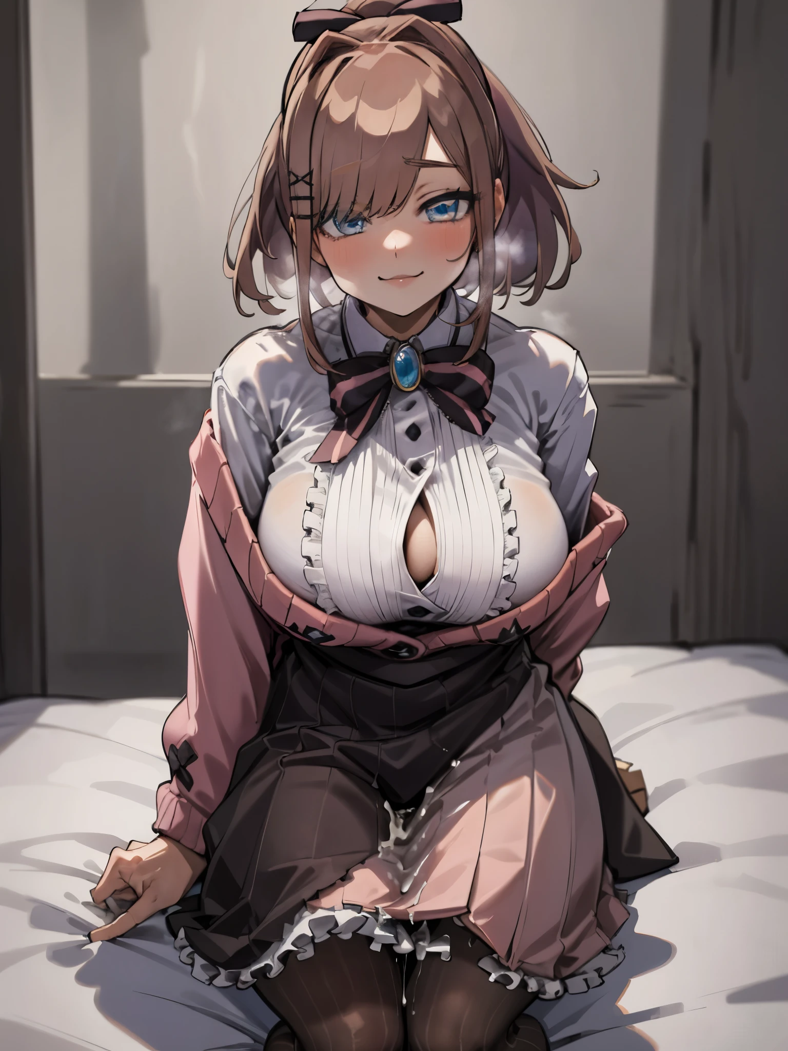 lulu suzuhara, blue eyes, brown hair, hair ornament, hair over one eye, hair ribbon,,(masterpiece),(best quality),(ultra-detailed),(best illustration),(best shadow),(absurdres),(detailed background),(very aesthetic),1girl,solo,dim lightning,in bedroom,at night,hmsl1, ponytail, hair ribbon, x hair ornament, jewelry, bowtie, brooch, white shirt,pink cardigan, long sleeves, vertical-striped skirt, striped pantyhose,shy smile,looking at viewer,crawling_pov,cleavage,heavy breath,fog,aged up,motherly,milf,in heat,horny,orgasm,pussy juice,