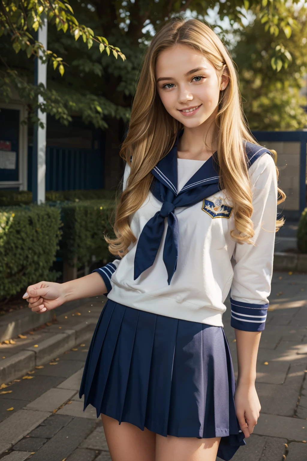  highest quality, masterpiece, Super detailed, ultra high resolution, realistic, RAW photo, absolute resolution (highest quality)，(very detailed), blonde hair,(blonde hair:1.2),smiling,  sailor suit,17 y.o, British girl, Navy blue sailor suit, High school girl wearing sailor suit, dark blue skirt,  small breasts,  (school scenery),, during the day, straight hair, long hair, Detailed view of the face, standing, outdoor 