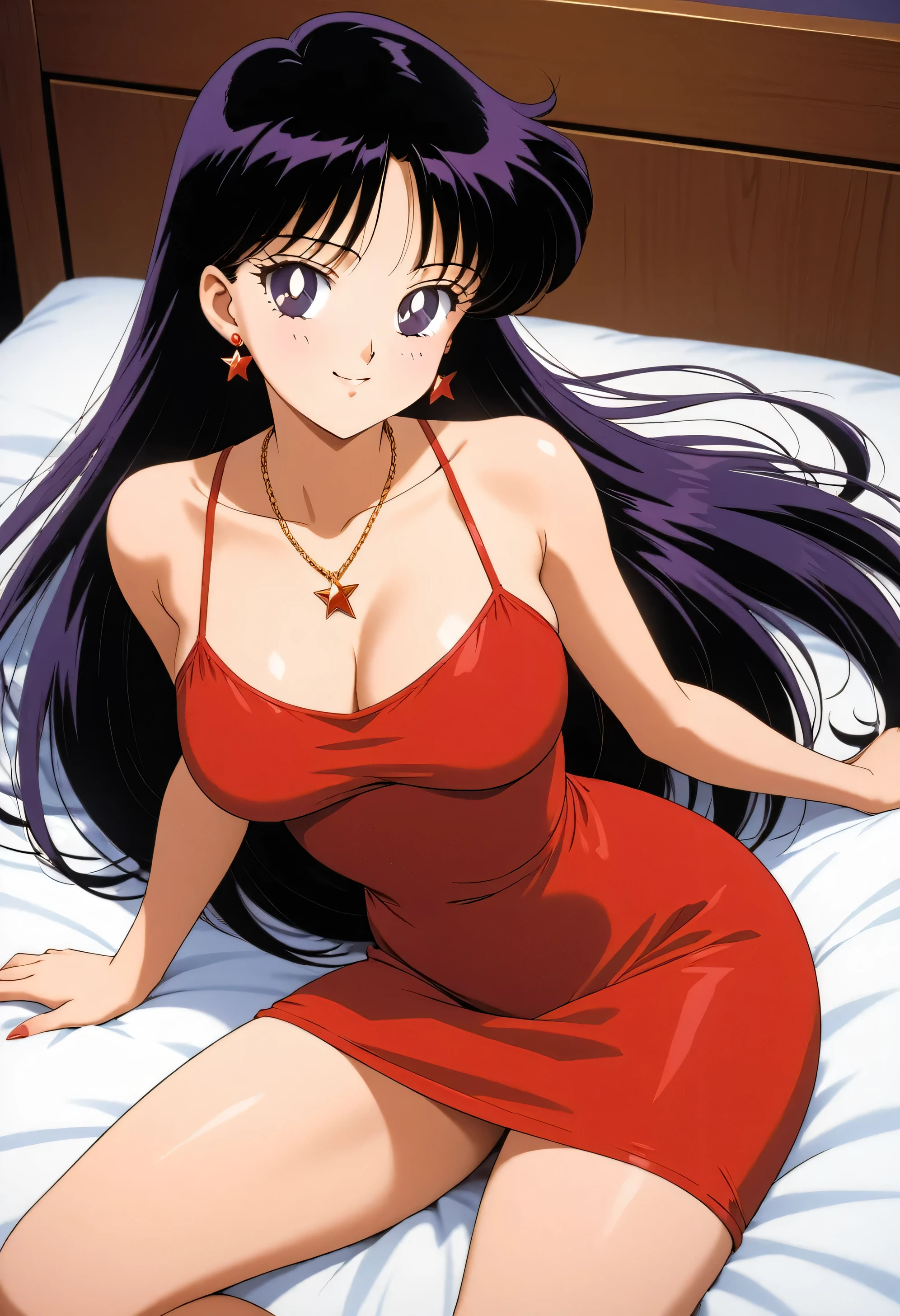 aamars, very long hair, black hair, parted bangs, purple eyes, 1990s \(style\), 1 girl, solo, Best quality, masterpiece, High Definition, taut dress, spaghetti strap, red dress, sleeveless, necklace, indoors, Lying in bed, smile, posing, Seductive, her mouth open, breathing 