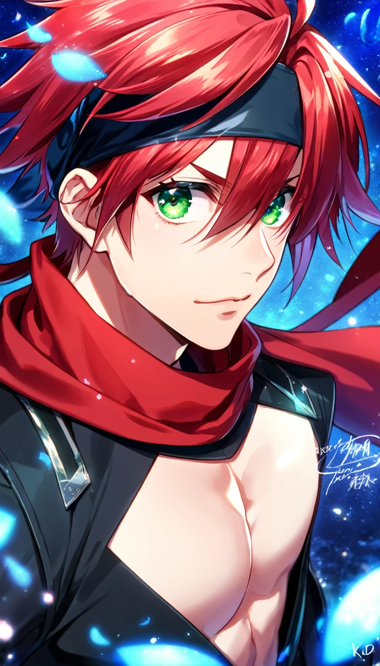 absurdres, highres, ultra detailed, HDR, master piece, best quality, Lavi, red hair, hair between the eyes, expressive green eyes, D.Gray-man, solo, sexy man, handsome, toned chest, black headband, red scarf, black clothes, magical, fantasy, blue background, blue roses, shining, blue petals, blue glittering fireflies