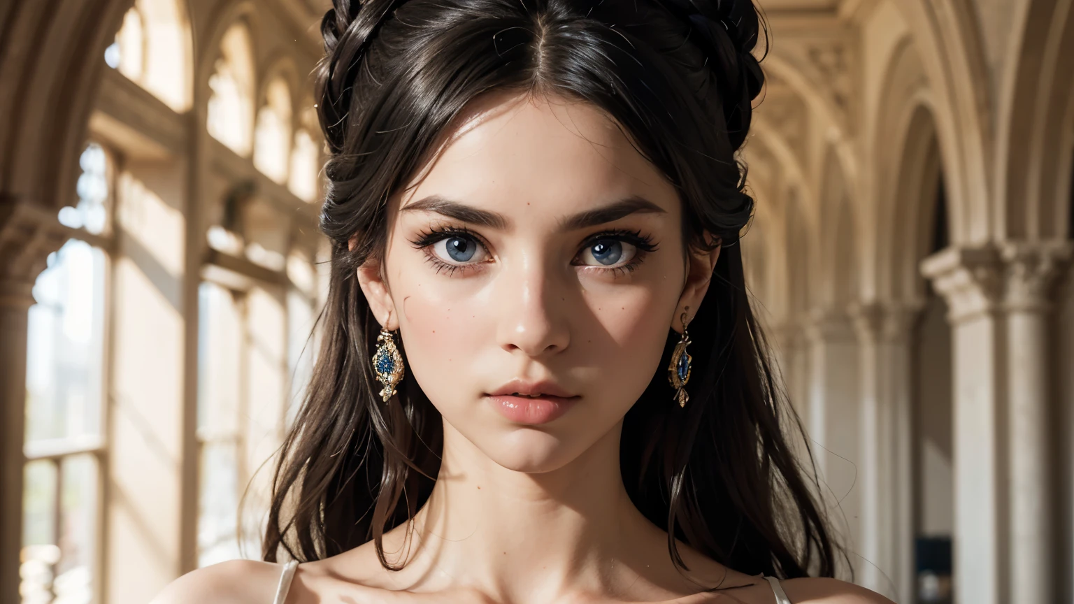 35mm film, solo, updo, makeup, blue eyes, , (Princess dress), looking at viewer, (palace ballroom) upper body, epiCPhoto,focus on face, close to viewer, intricate lines, intriguing atmosphere, sharp magnificent details, delicate features, elaborate details, beautiful girl, black hair, (((long hair))) twenty year old woman, ((upper body)) (Acne), ((natural lighting))