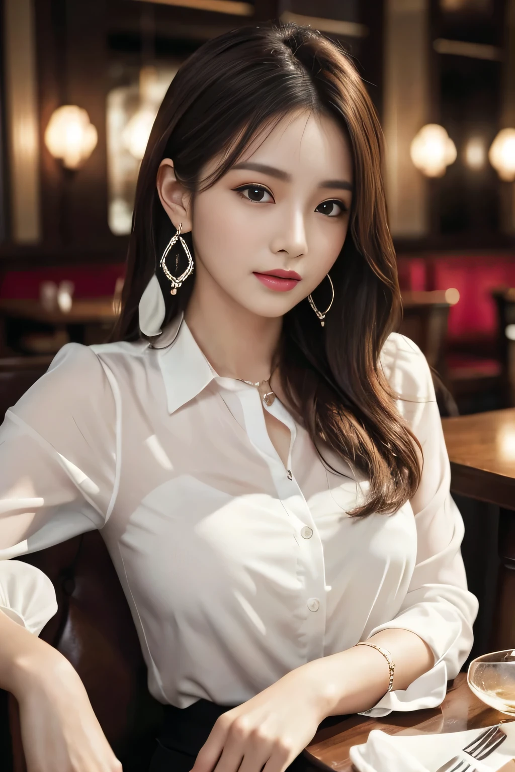 masterpiece, highest quality, Realistic, Very detailed, Finer details, High resolution, 8k wallpaper, One beautiful woman, Wear an elegant white see-through blouse, In a great restaurant, At night, Light brown messy hair, Perfect dynamic composition, Beautiful and beautiful eyes、Big earrings、Sitting in a chair、