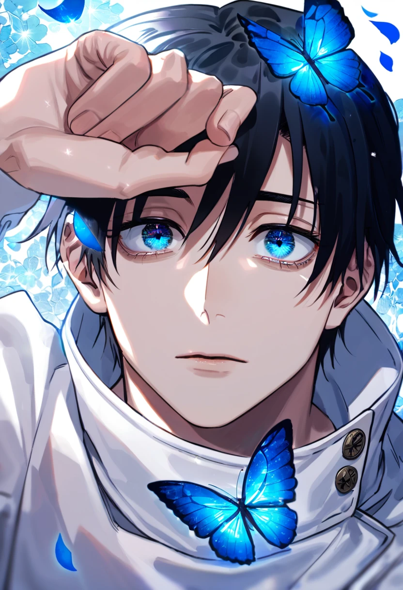 Ultra detailed, Highres, absurdres, HDR, Okkotsu Yuuta, black hair, expressive dark blue eyes, white clothes, dark circles under his eyes, Jujutsu Kaisen, blue flowers, petals, handsome, sexy man, solo, very detailed eyes and face, glittering small blue butterflies, master piece, glittering, fantasy, cross, blue background, blue flames, black pants