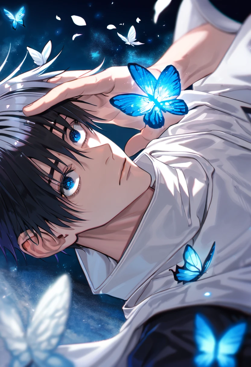 Ultra detailed, Highres, absurdres, HDR, Okkotsu Yuuta, black hair, expressive dark blue eyes, white clothes, dark circles under his eyes, Jujutsu Kaisen, blue flowers, petals, handsome, sexy man, solo, very detailed eyes and face, glittering small blue butterflies, master piece, glittering, fantasy, cross, blue background, blue flames, black pants