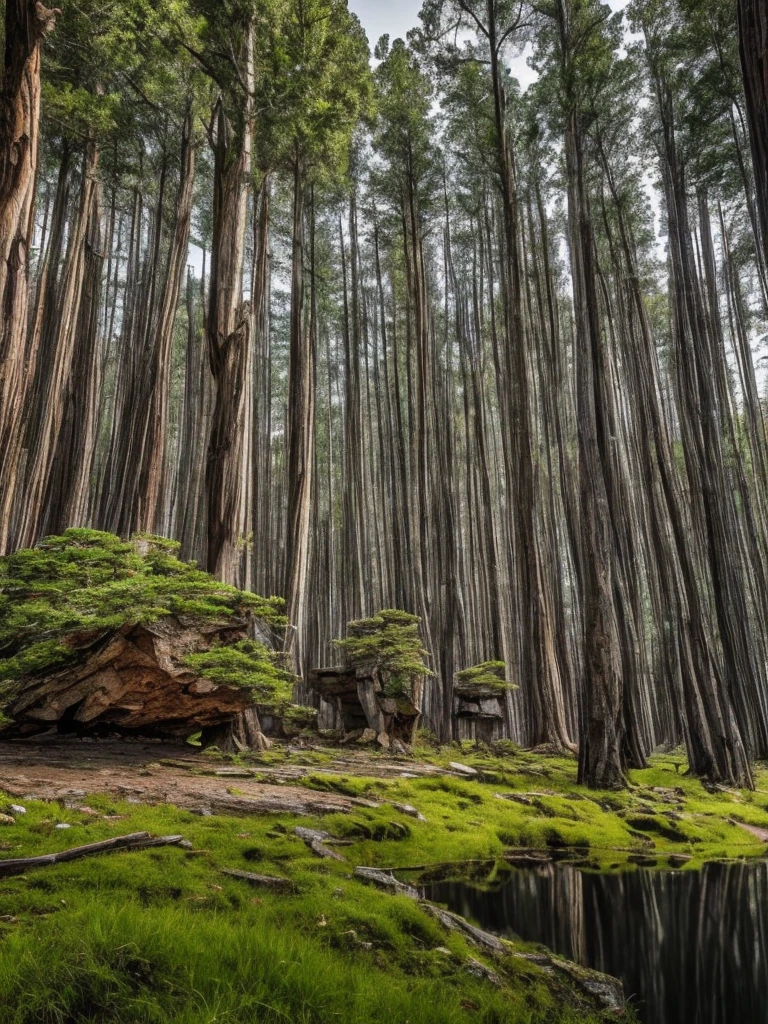 A forest of petrified wood in a natural environment, where ancient trees stand frozen in time, their bark replaced by shimmering stone reflecting the hues of the setting sun. The wood appears almost lifelike, with intricate patterns and textures visible on each petrified trunk, telling tales of a time long past. The surroundings are lush and vibrant, with colorful wildflowers blooming at the base of these stone giants, creating a stark contrast against the solid gray bark. The scene exudes a sense of eerie tranquility, as if the forest is holding its breath, waiting for whispers from a forgotten age to break the silence.futuristc city\(diamond,metallic,silver\), BREAK ,backgrownd\((simple black:1.5)(metallic,silver),reflection\),quality\(8k,wallpaper of extremely detailed CG unit, ​masterpiece,hight resolution,top-quality,top-quality real texture skin,hyper realisitic,increase the resolution,RAW photos,best qualtiy,highly detailed,the wallpaper\),,dynamic ultrarealistic angle,TruckersRule style