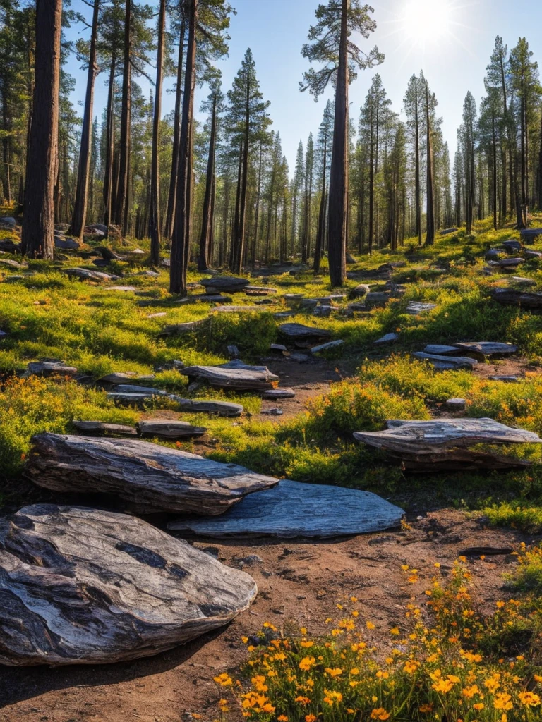 A forest of petrified wood in a natural environment, where ancient trees stand frozen in time, their bark replaced by shimmering stone reflecting the hues of the setting sun. The wood appears almost lifelike, with intricate patterns and textures visible on each petrified trunk, telling tales of a time long past. The surroundings are lush and vibrant, with colorful wildflowers blooming at the base of these stone giants, creating a stark contrast against the solid gray bark. The scene exudes a sense of eerie tranquility, as if the forest is holding its breath, waiting for whispers from a forgotten age to break the silence.futuristc city\(diamond,metallic,silver\), BREAK ,backgrownd\((simple black:1.5)(metallic,silver),reflection\),quality\(8k,wallpaper of extremely detailed CG unit, ​masterpiece,hight resolution,top-quality,top-quality real texture skin,hyper realisitic,increase the resolution,RAW photos,best qualtiy,highly detailed,the wallpaper\),,dynamic ultrarealistic angle,TruckersRule style