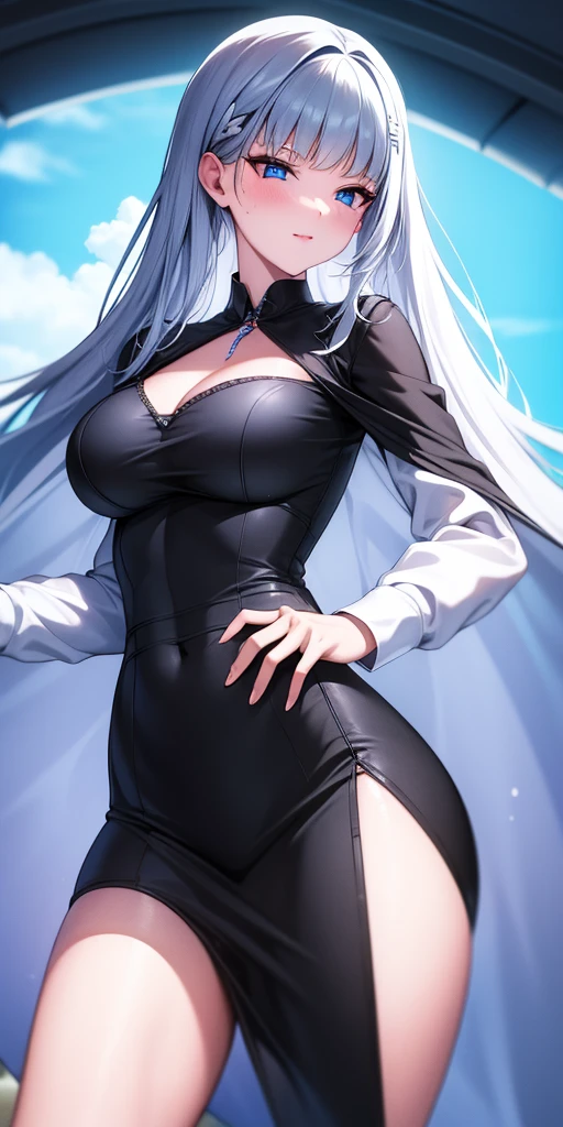 ((obra maestra)), ((mejor calidad)), (ultra detallado), ((extremadamente detallado)), 4k, (8K), mejor calidad, (Hermoso), estilo animado, mirar hacia arriba desde abajo, bar, Noche, una chica guapa, 1 chica, solo, traje, Hermoso rainbow hair, Hermoso blue eyes, ((Hermoso eyes)), De piel blanca, pendientes, cuello, sonrisa