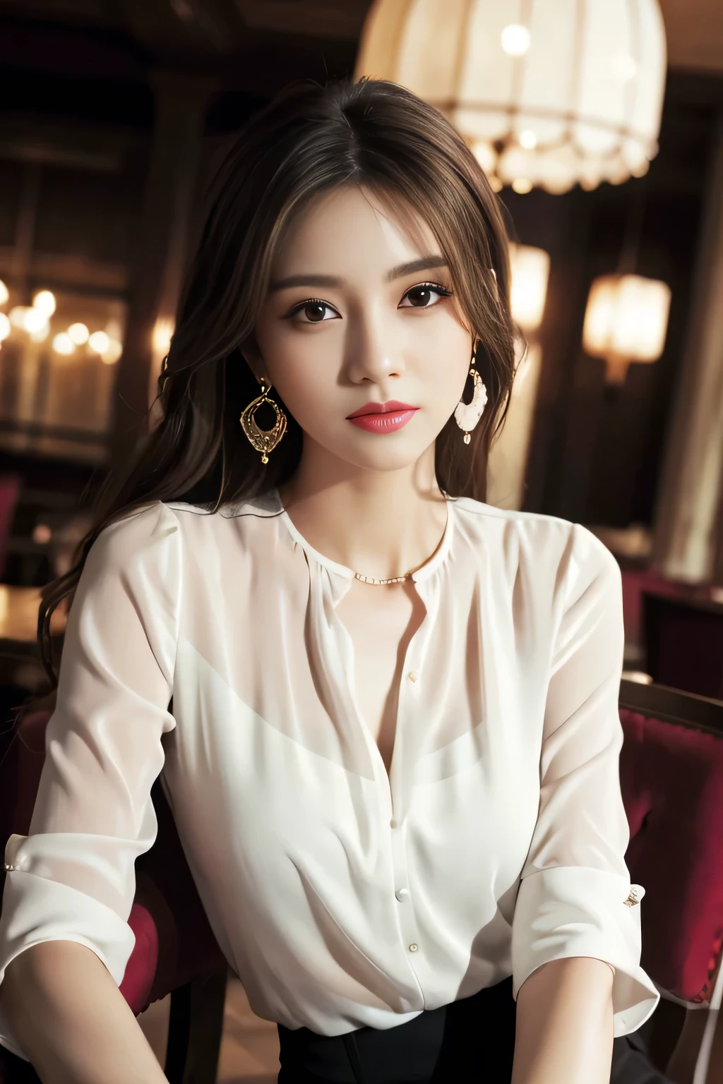masterpiece, highest quality, Realistic, Very detailed, Finer details, High resolution, 8k wallpaper, One beautiful woman, Wear an elegant white see-through blouse, In a great restaurant, At night, Light brown messy hair, Perfect dynamic composition, Beautiful and beautiful eyes、Big earrings、Sitting in a chair、