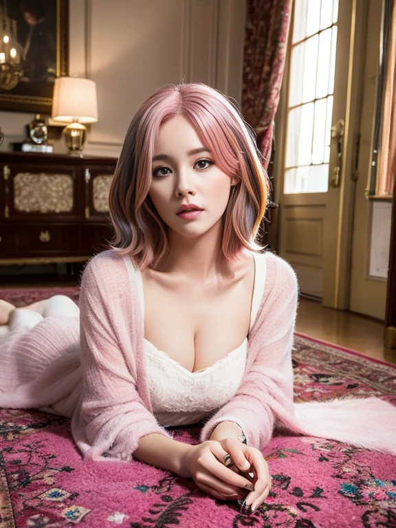 (Pink Hair :1.3),high quality, 16k, Professional photography, Highly detailed photos, Awards - Winning Photos, Depth of written border, Portraiture, Gorgeous and fluffy luxury carpet, (1 girl), 40 years, Actress's face, The model's face, Detailed face, teeth, whole body, Get on all fours, ((Very large breasts posing with feet in human hands, Half Girl、Half cat, Beautiful cat hair, Cat ear, Sexy black cat tail