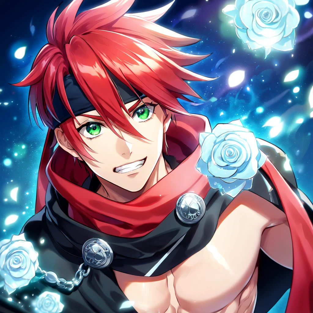 absurdres, highres, ultra detailed, HDR, master piece, best quality, Lavi, red hair, hair between the eyes, expressive green eyes, D.Gray-man hallow, solo, sexy man, handsome, toned chest, black headband, red scarf, black clothes, magical, fantasy, blue background, blue roses, shining, blue petals, blue glittering fireflies