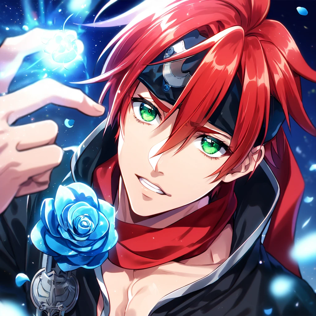 absurdres, highres, ultra detailed, HDR, master piece, best quality, Lavi, red hair, hair between the eyes, expressive green eyes, D.Gray-man hallow, solo, sexy man, handsome, toned chest, black headband, red scarf, black clothes, magical, fantasy, blue background, blue roses, shining, blue petals, blue glittering fireflies