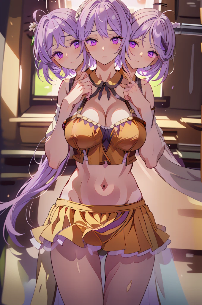 (masterpiece, best quality), best quality, (ultra-detailed), (3heads:1.5), 1girl, (tsukumo benben:1.3), masterpiece, best quality, ultra quality, ultra resolution, ultra detail, brown and black top, crop top, ((stomach)), midriff, ((groin)), brown skirt, normal ears, shackles, lilac hair, very long hair, wavy hair, sidelocks, purple eyes, parted lips, detailed eyes, sweat, cute, toned belly, hand on own chest, eyelashes, (24 year old woman:1.3), (masterpiece:1.5), (best quality:1.5), (beautiful detailed), extremely detailed CG, extremely delicate and beautiful, depth of field, (finely detailed face), (perfect details:1.2), (mature female:1.3), wide pelvis, slender, large veiny breast, 16k resolution, highres, very high quality, very high definition, extremely detailed, masterpiece, lilac hair, long hair, alluring presence, braid, short skirt, close up, big tits, young, two long ponytails,