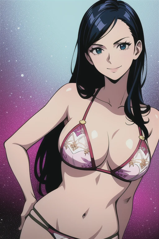masterpiece, ((ultra detailed background, delicate pattern, intricate detail)), (highly detailed, fine details), best quality, beautiful lighting,((medium breasts, slim girl)), simple T-shirt, NicoRobinV2, 1girl, black hair, long hair, solo, large breasts, smile, blue eyes, eyewear on head, closed mouth, hair slicked back, jewelr, bikini