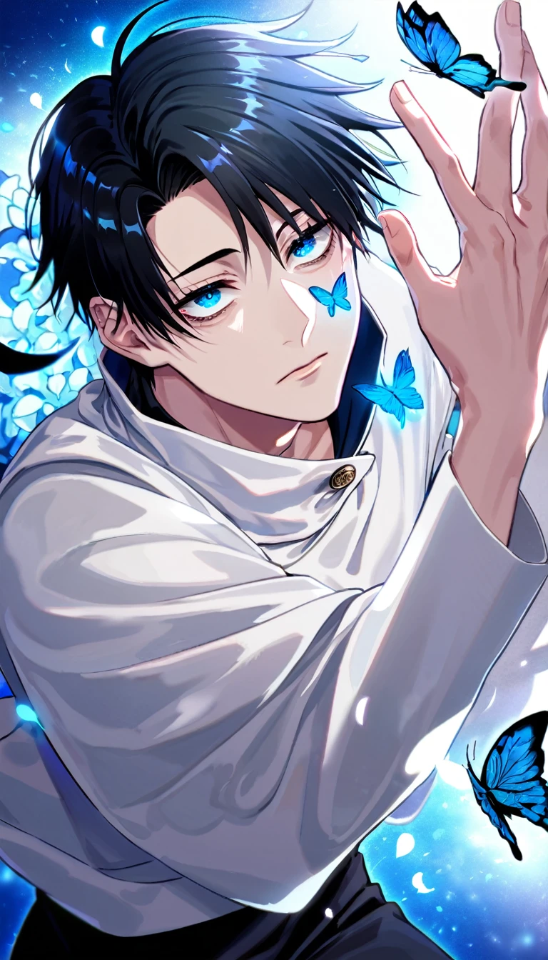 Ultra detailed, Highres, absurdres, HDR, Okkotsu Yuuta, black hair, expressive dark blue eyes, white clothes, dark circles under his eyes, Jujutsu Kaisen, blue flowers, petals, handsome, sexy man, solo, very detailed eyes and face, glittering small blue butterflies, master piece, glittering, fantasy, cross, blue background, blue flames, black pants