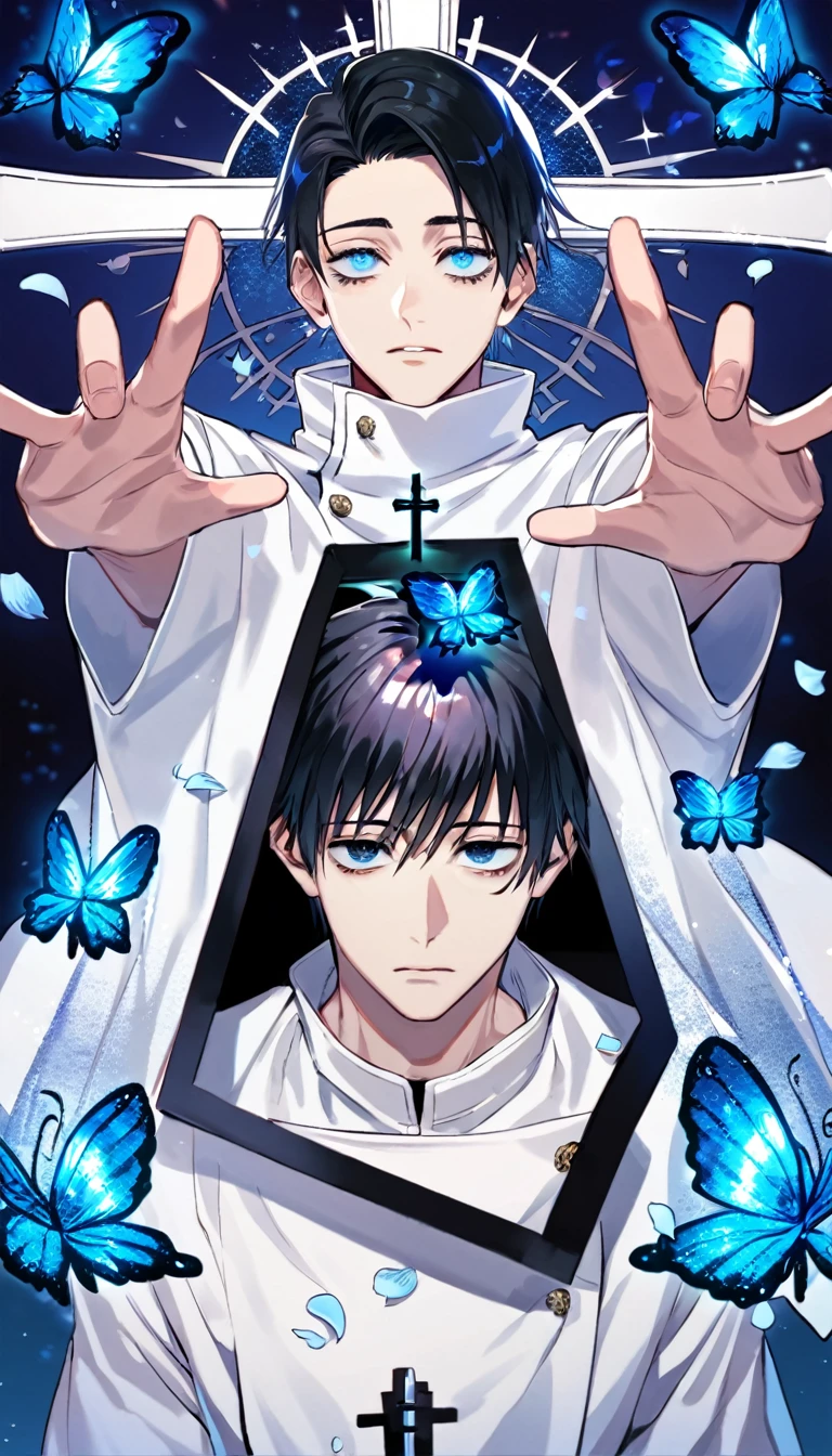 Ultra detailed, Highres, absurdres, HDR, Okkotsu Yuuta, black hair, expressive dark blue eyes, white clothes, dark circles under his eyes, Jujutsu Kaisen, blue flowers, petals, handsome, sexy man, solo, very detailed eyes and face, glittering small blue butterflies, master piece, glittering, fantasy, cross, blue background, blue flames, black pants