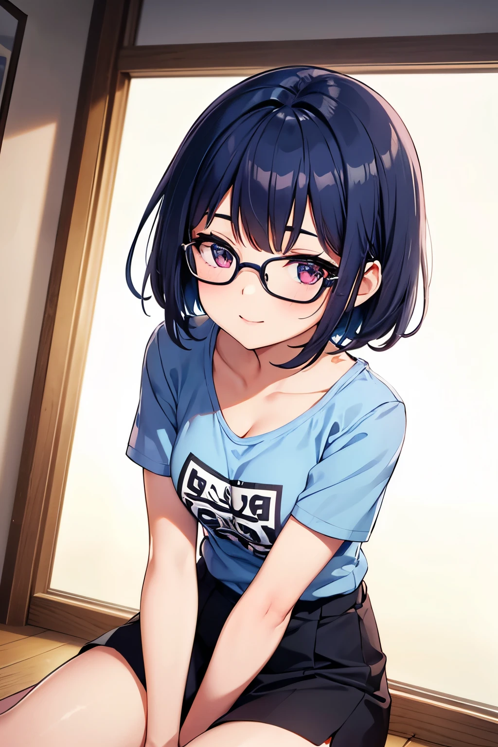 1girl,This detailed CG illustration at 8k resolution is of the highest quality and offers ultra-detailed detail. tetas con una altura de 2 y 1.0 centimeters and a thickness of 8.54 centimeters. El  Messy Short Hair, personaje destaca (con su cabello azul oscuro y Azul acero y Azul regio y Azul) y (sus ojos  morados y Violeta color) y Magenta, creando un contraste llamativo.   Luce unas gafas y camiseta de bermuda  slim legs, happy, cleavage,  short skirt, 