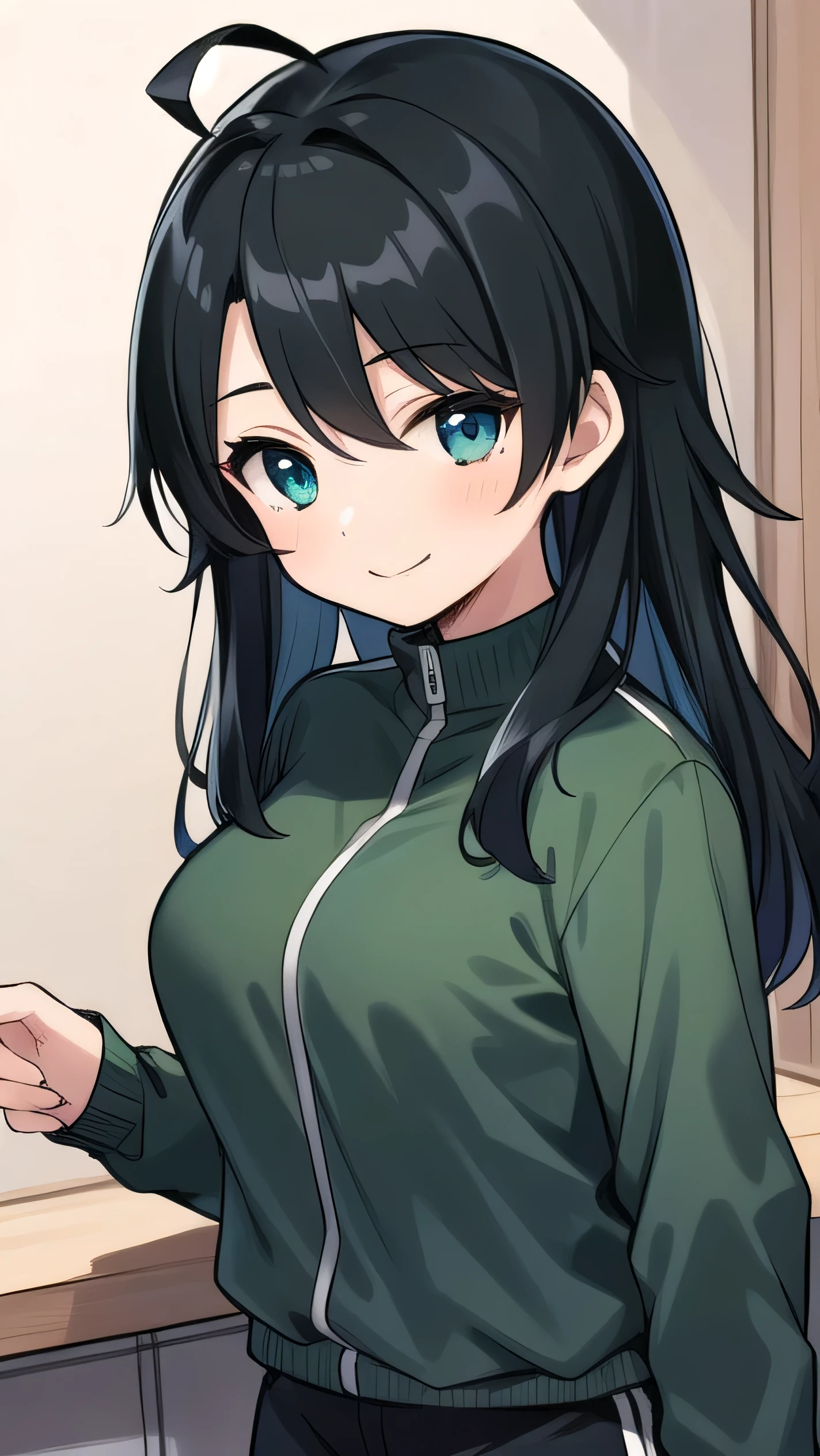 Junior high school student who looks like an elementary school student, , very short, 140 cm tall, black hair with a slight green tinge, short ahoge, beautiful long hair but with a little hair sticking out, beautiful round eyes, blue eyes, smile, boyish, long sleeves, Thick clothes,big breasts, hair longer than waist, long hair, childish face, gentle smile, a little shy, black hair with a slight green tinge, boyish, gentle smile, jacket one size larger, ( Deep greenish black hair: 1.3),, wearing a jersey,long sleeve jersey, long pants jersey,