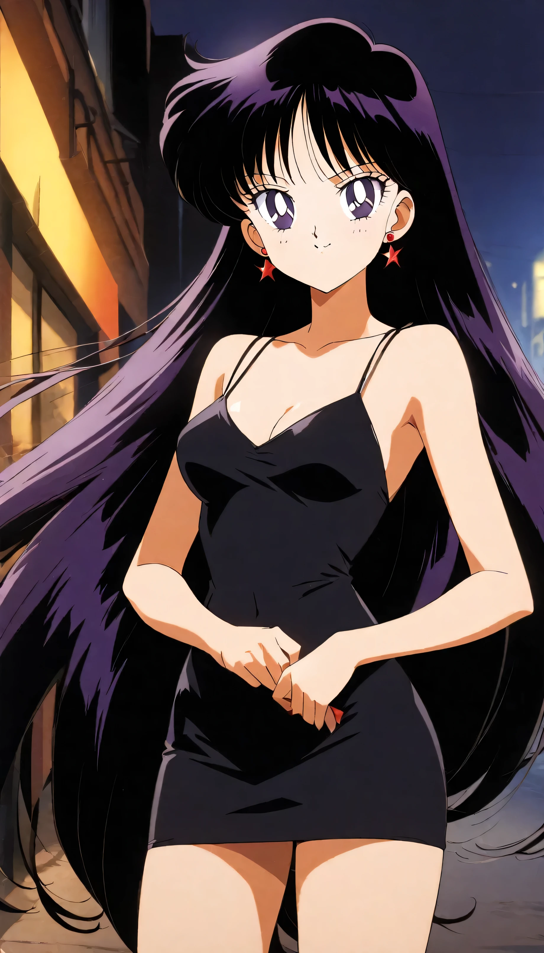 aamars, very long hair, black hair, parted bangs, purple eyes, 1990s \(style\), 1 girl, solo, Best quality, masterpiece, High Definition, taut dress, spaghetti strap, black dress, sleeveless, night, street, standing, black high heels, sexy posing, cowboy shot, medium breast, smile, 