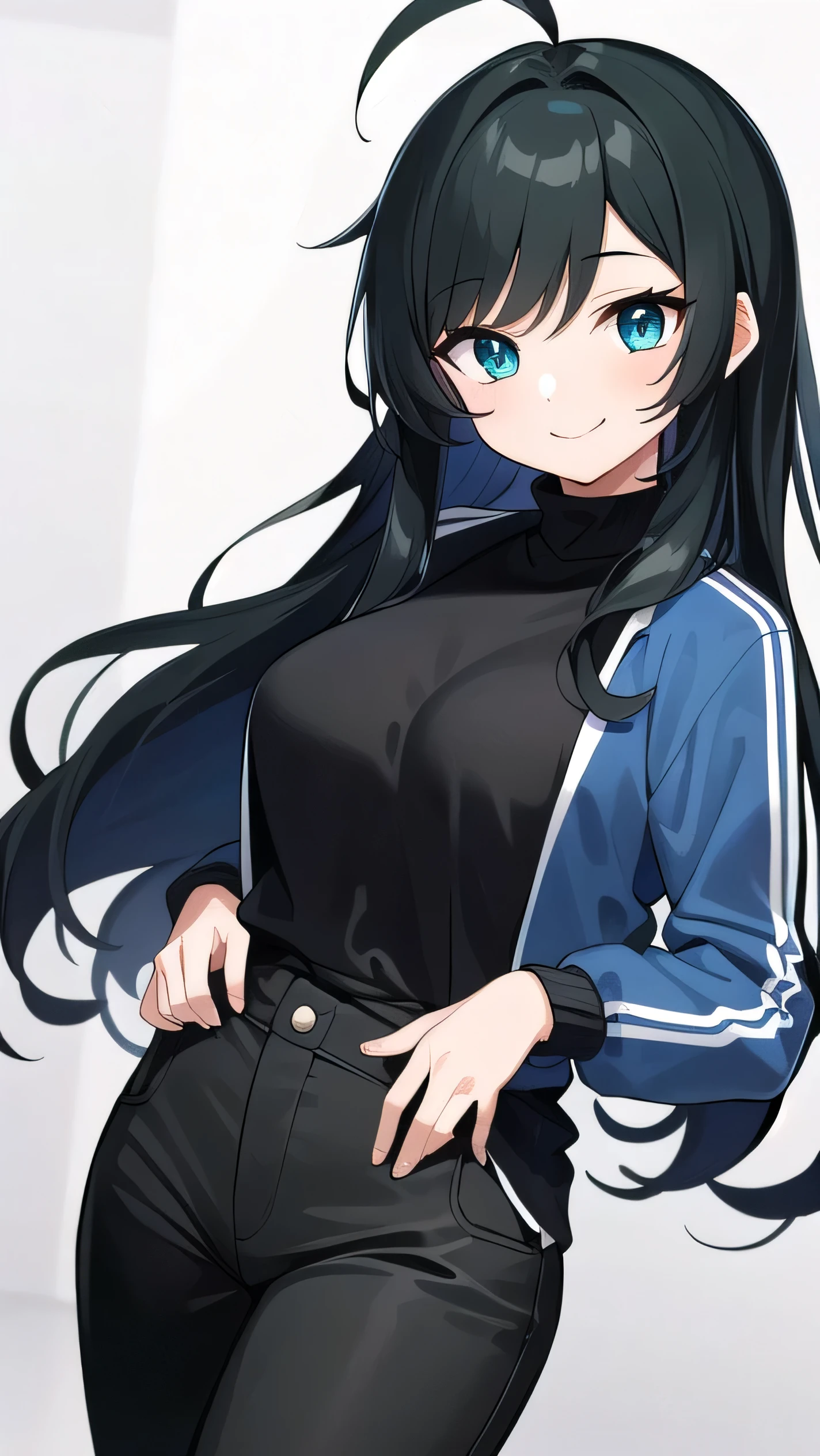 Junior high school student who looks like an elementary school student, 14 years old, very short, 140 cm tall, black hair with a slight green tinge, short ahoge, beautiful long hair but with a little hair sticking out, beautiful round eyes, blue eyes, smile, boyish, long sleeves, Thick clothes,big breasts, hair longer than waist, long hair, childish face, gentle smile, a little shy, black hair with a slight green tinge, boyish, gentle smile, jacket one size larger, ( Deep greenish black hair: 1.3),, wearing a jersey,long sleeve jersey, long pants jersey,