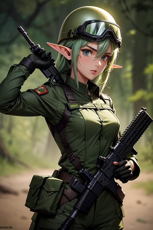 1female elf ,elfa militar,vestimenta militar,green camouflage uniform and wearing a helmet with goggles,holding firearm in your hands, parecendo estar pronta para o combate. The image depicts a military female elf, com um semblante determinado, positioned close to some type of military equipment.
